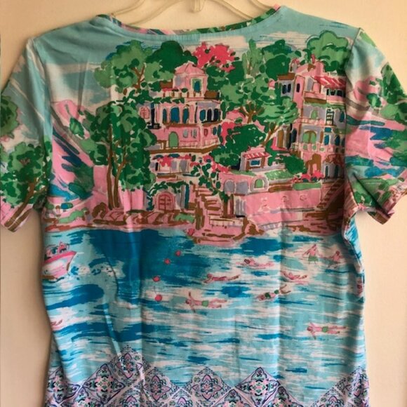 TALBOTS Scenic Mediterranean Tee Short Sleeve Crewneck Blue Pink - Picture 9 of 16